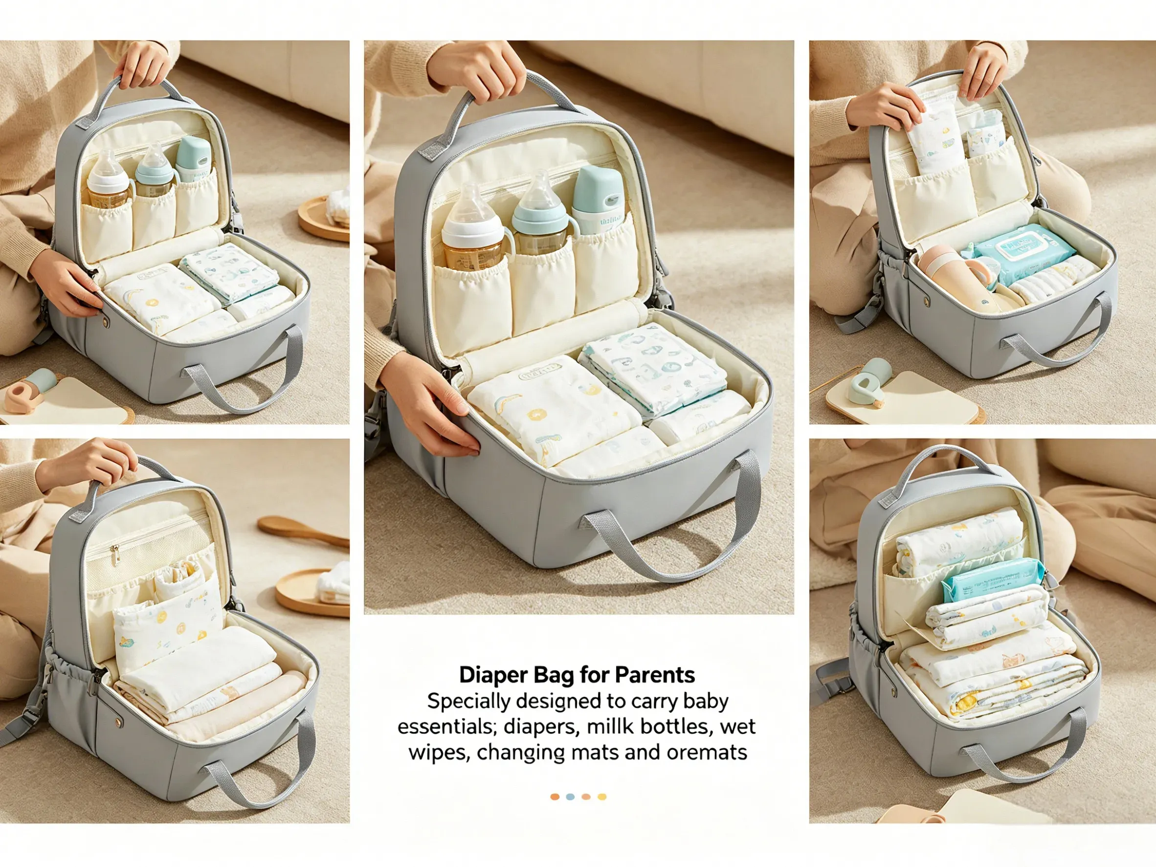 Luxury vegan leather modern diaper bag with multiple functional pockets